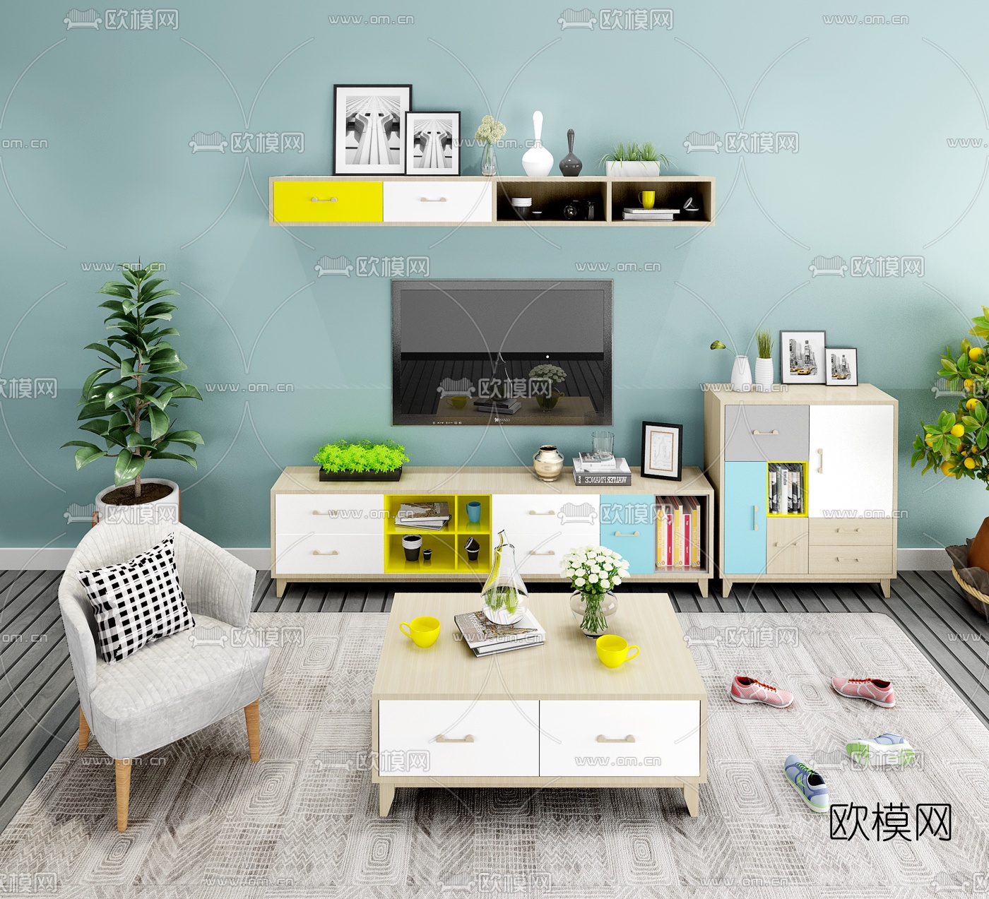 北欧实木电视柜边柜休闲椅茶几组合3D模型下载