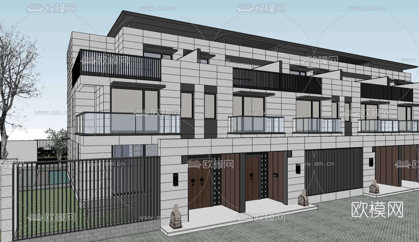 新中式连排别墅免费su模型下载（渲染图4）