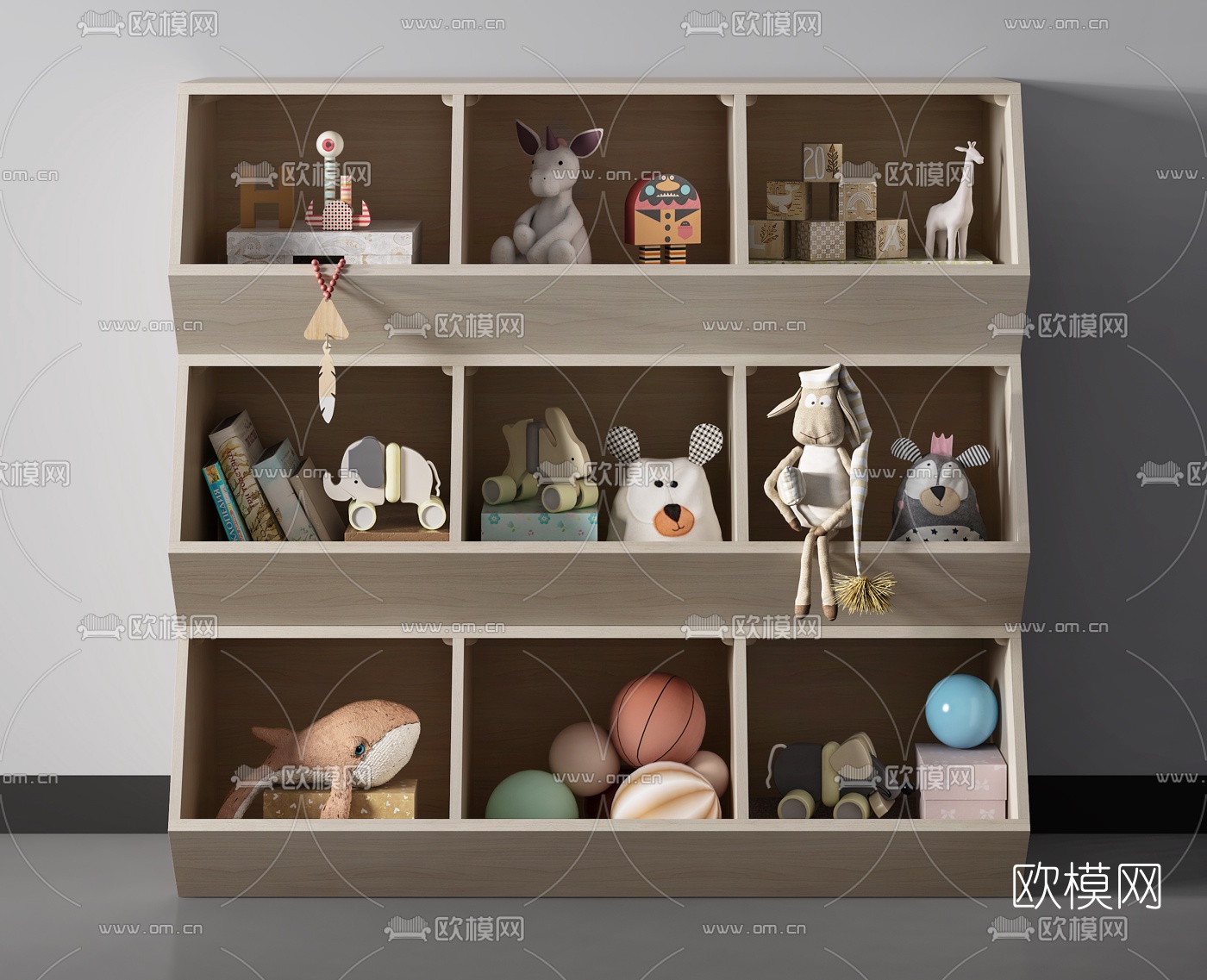 北欧实木儿童玩具组合收纳柜3d模型下载（渲染图1）