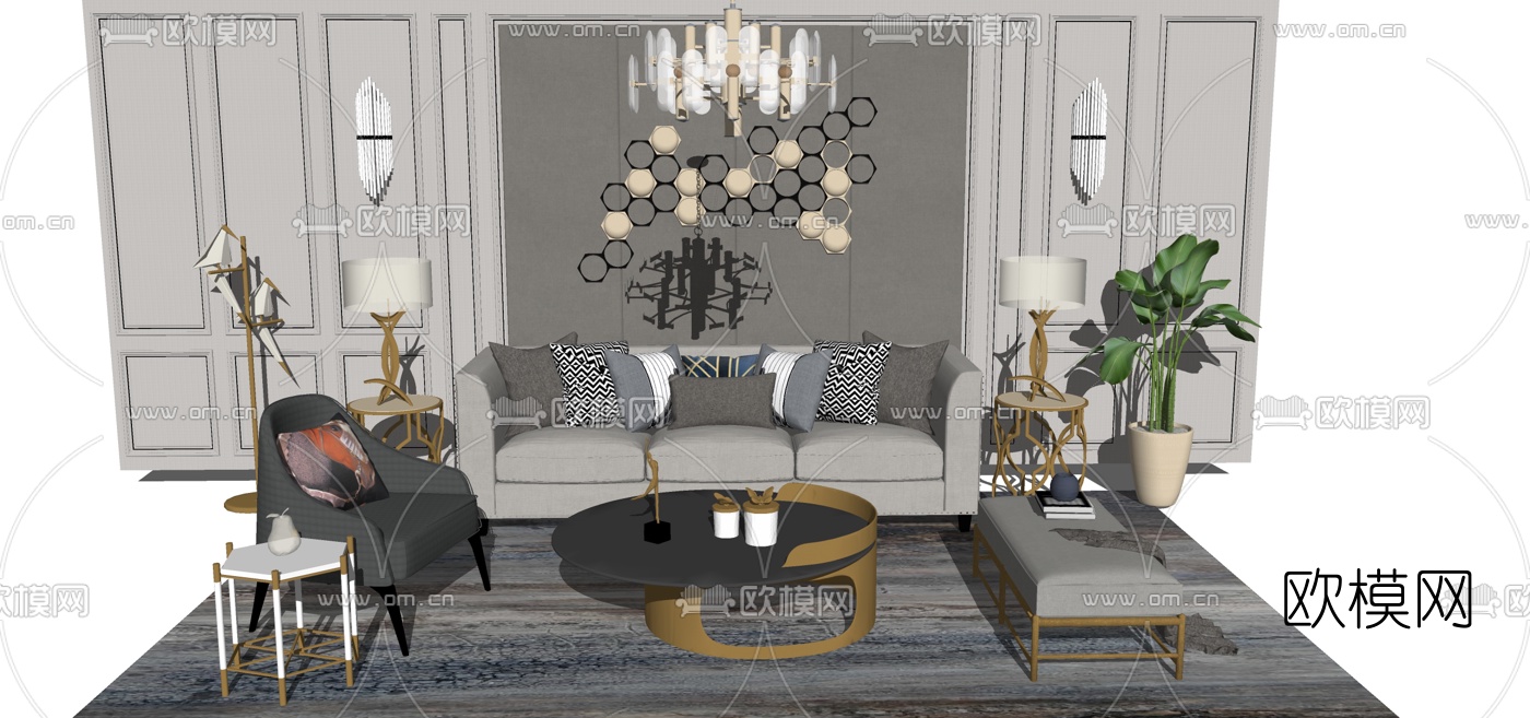 现代轻奢沙发组合su模型下载（渲染图1）