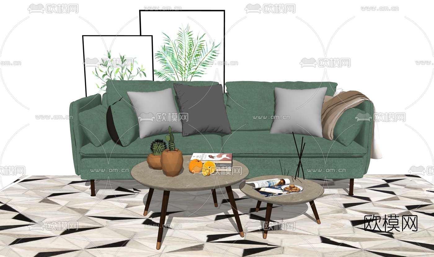 北欧布艺双人沙发su模型下载（渲染图1）