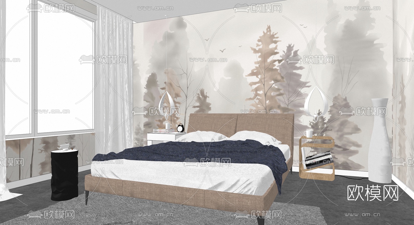 北欧卧室su模型下载（渲染图1）