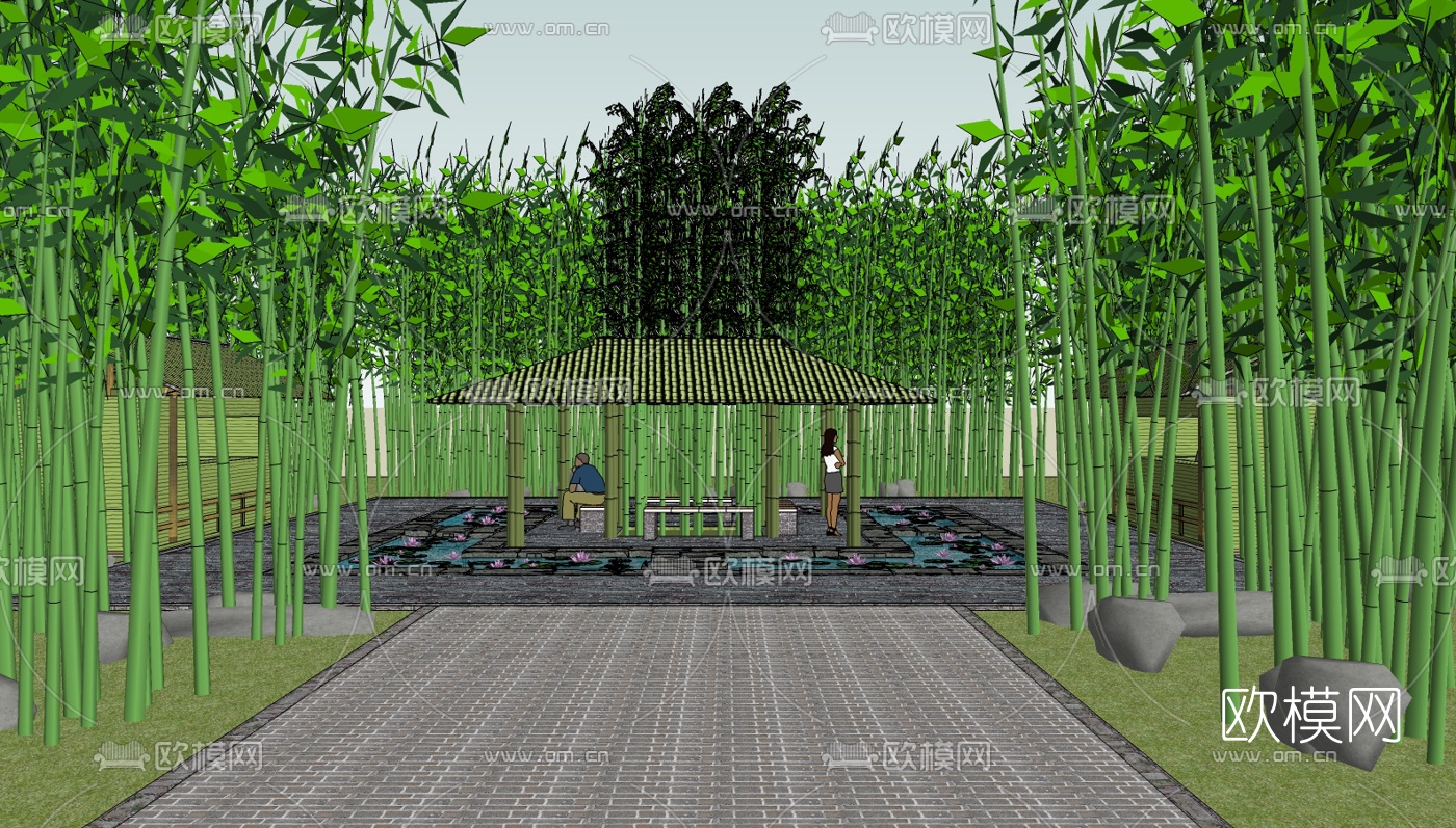 中式竹林景观su模型下载