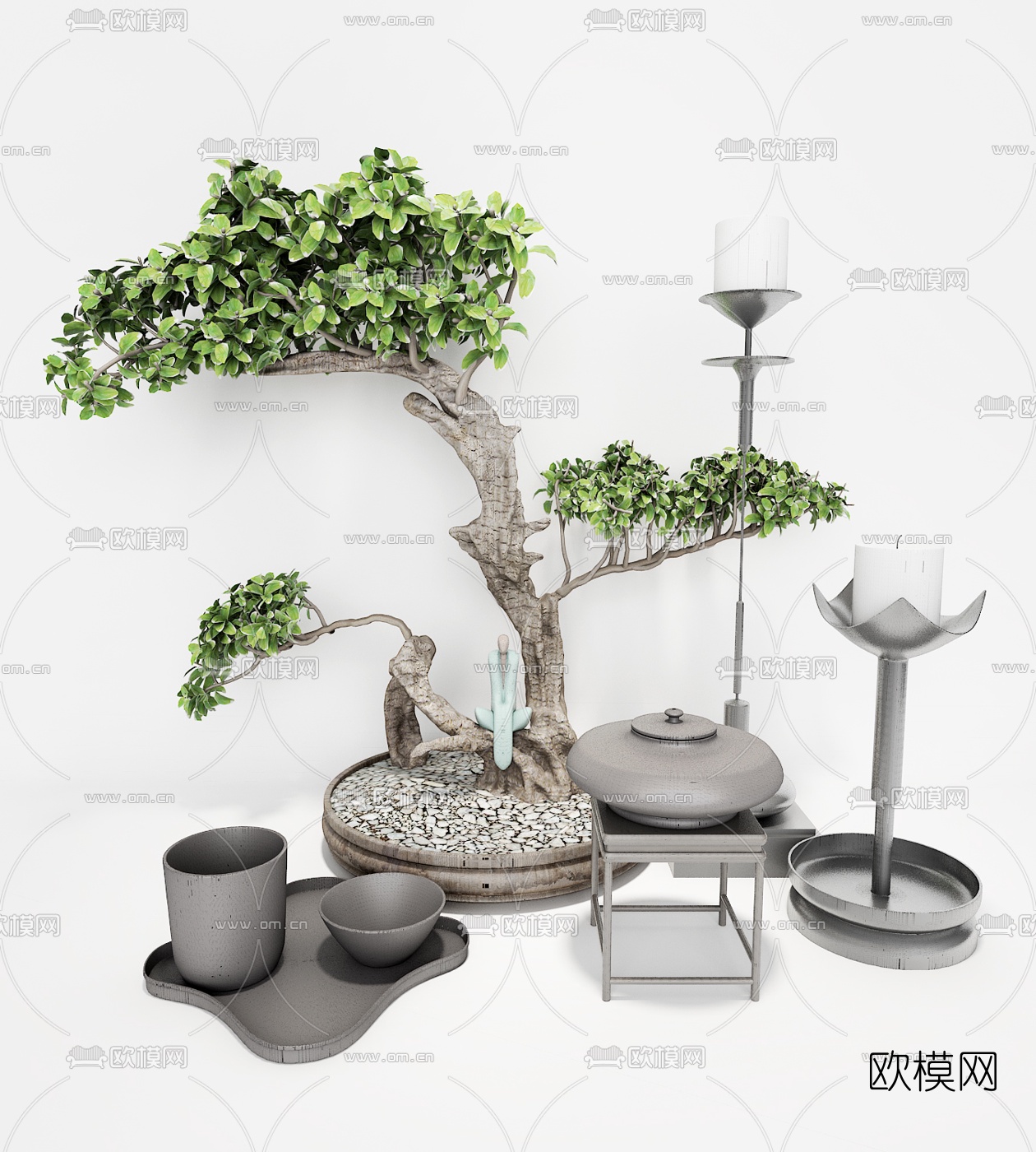 新中式盆景摆件烛台组合3D模型下载