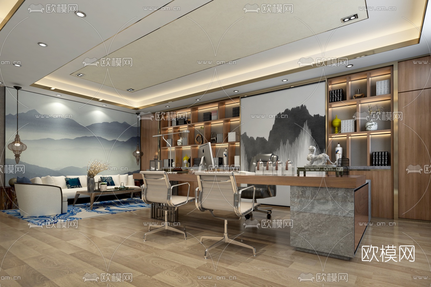 新中式董事长办公室3D模型下载_ID10316247_3dmax免费模型-欧模网