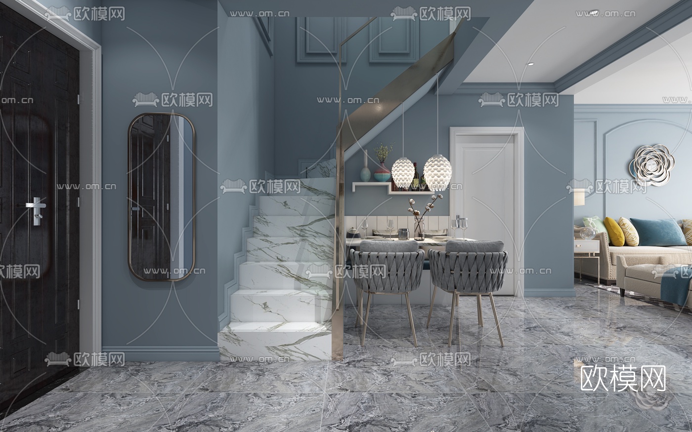 欧式客厅餐厅3d模型下载（渲染图6）