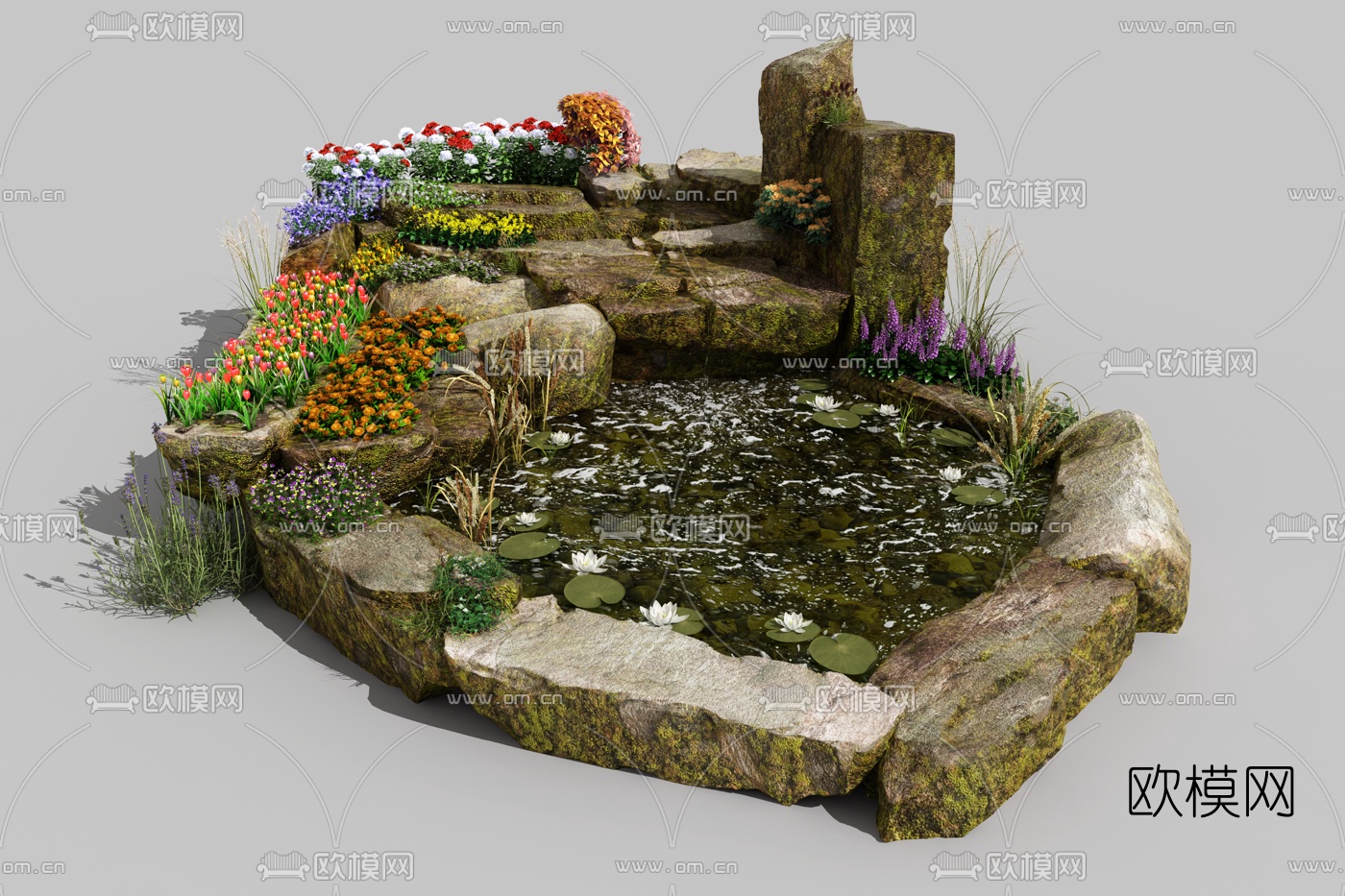 自然风花草水池水景3d模型下载