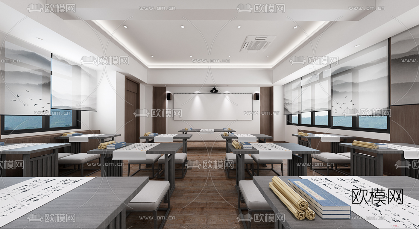 新中式教室全景3d模型