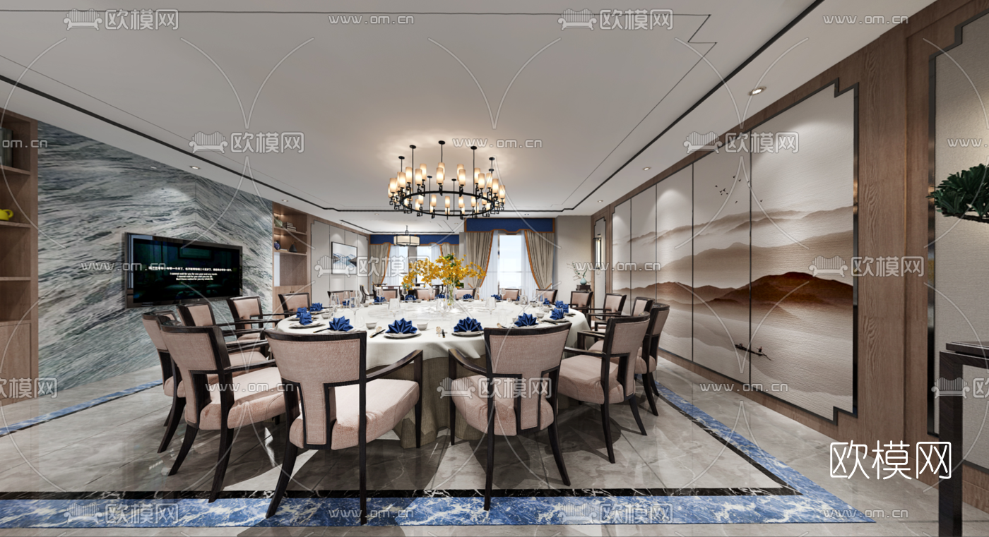 新中式餐厅包房全景3d模型-免费3dmax模型库-欧模网