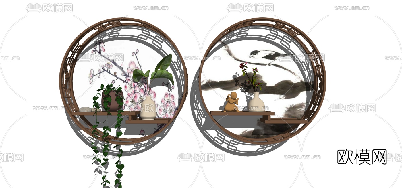 新中式置物架搁板su模型下载