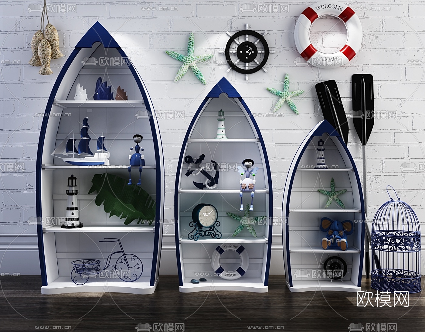地中海船形儿童装饰柜摆件挂件组合3D模型下载