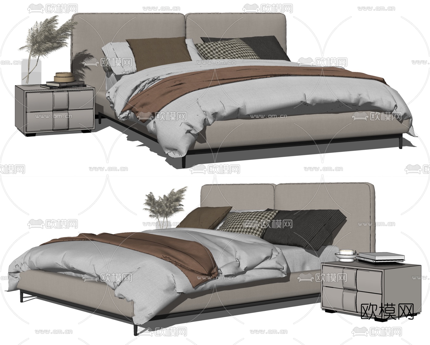 现代布艺双人床su模型下载（渲染图2）