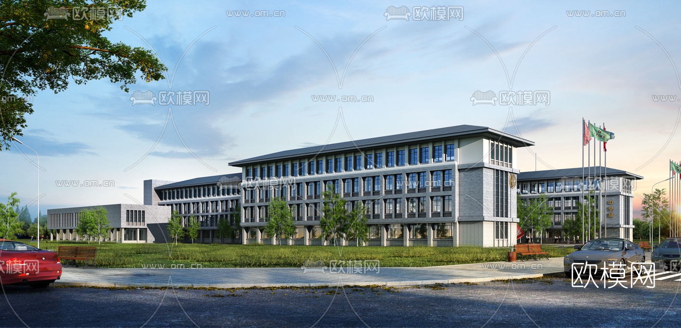 新中式学校建筑外观3d模型