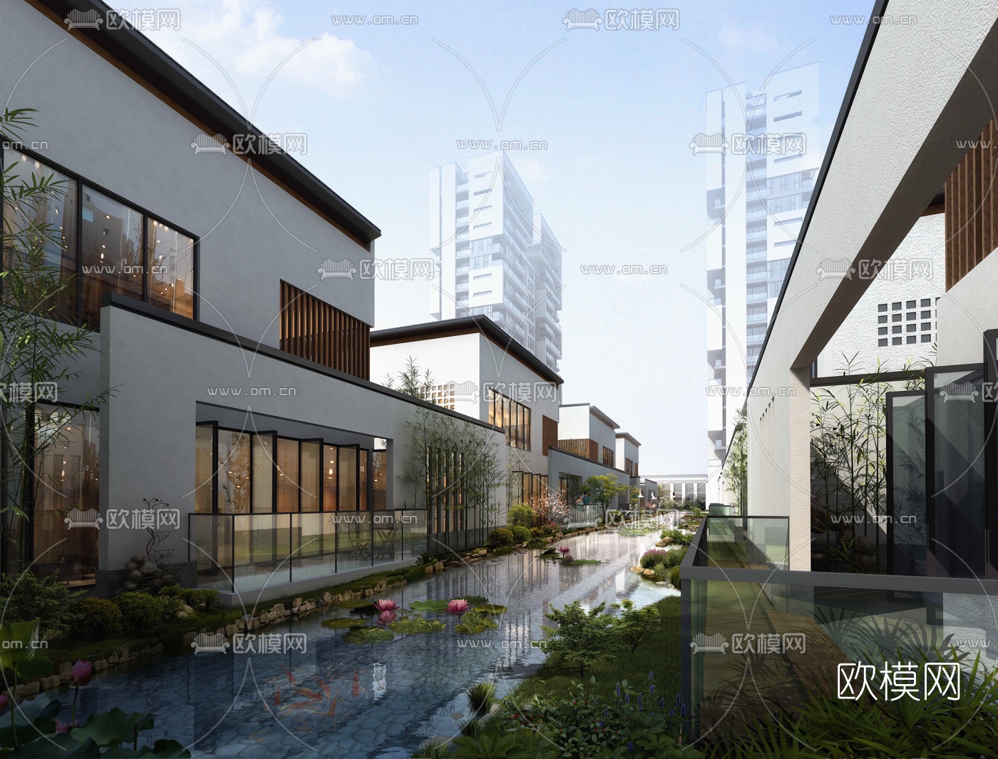 新中式联排别墅外观3d模型下载