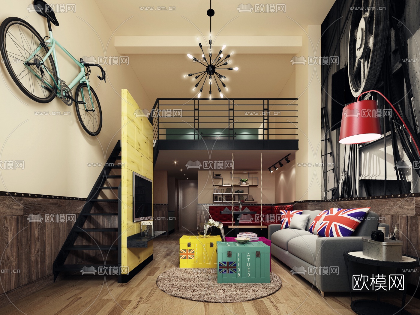 工业风LOFT公寓客厅餐厅免费3d模型