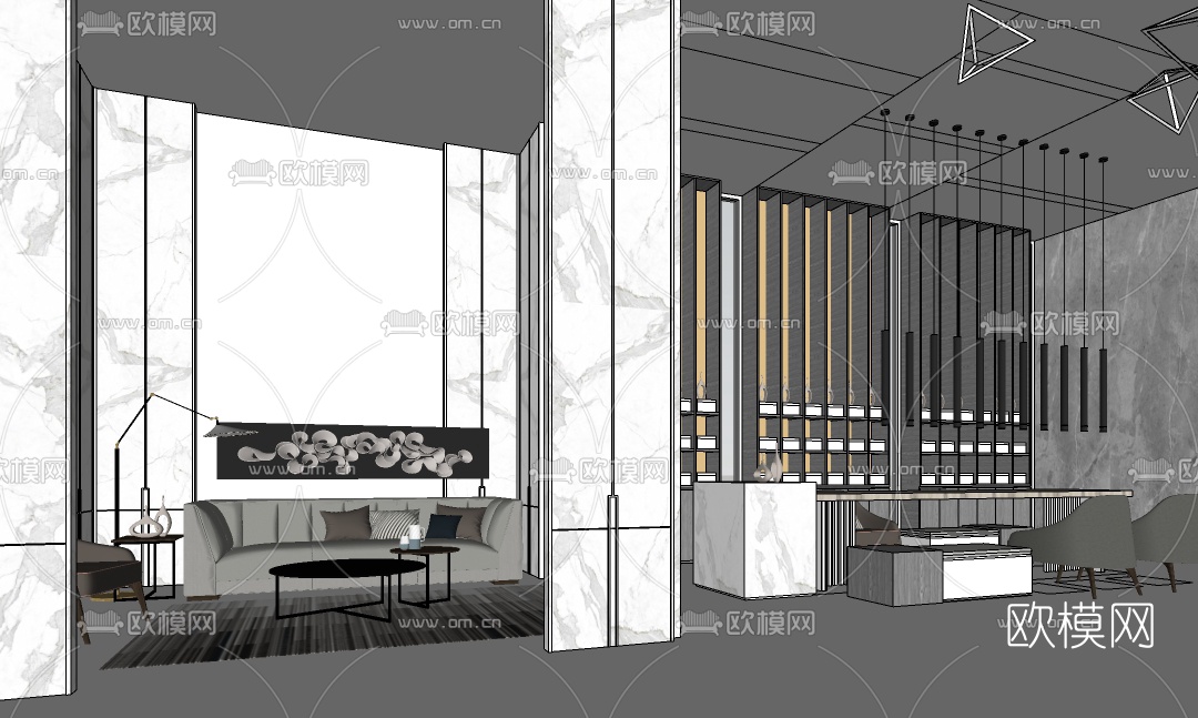 现代办公前台大堂接待区su模型下载（渲染图2）