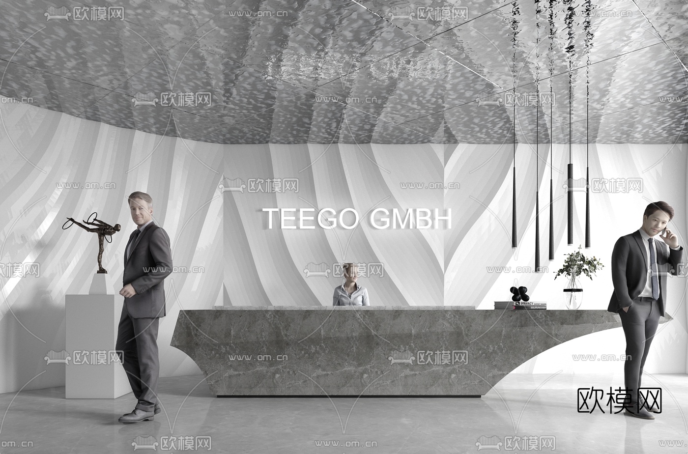 现代大理石办公前台su模型下载（渲染图1）