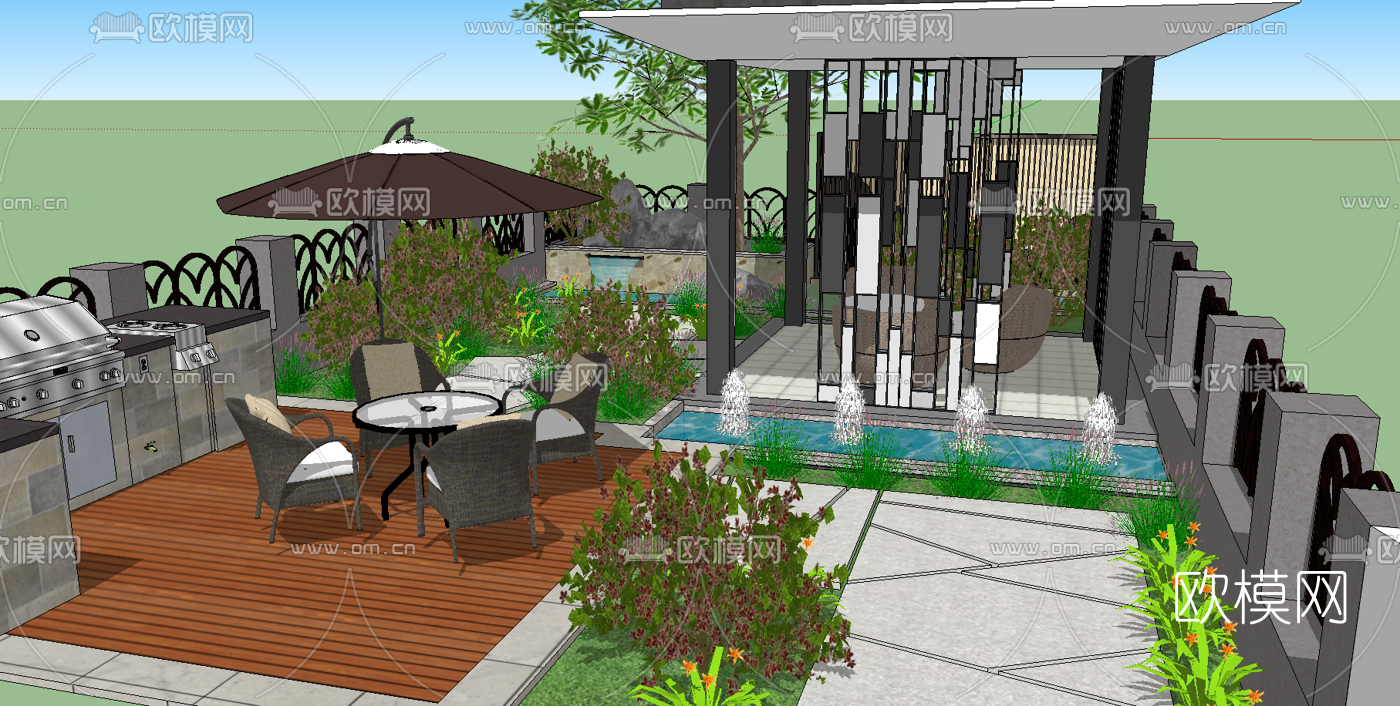 现代庭院花园su模型下载（渲染图2）