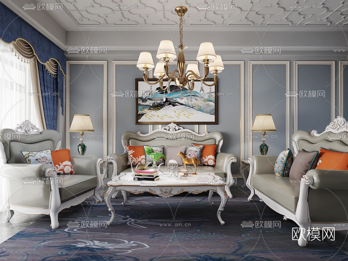 欧式古典沙发茶几吊灯组合3d模型下载