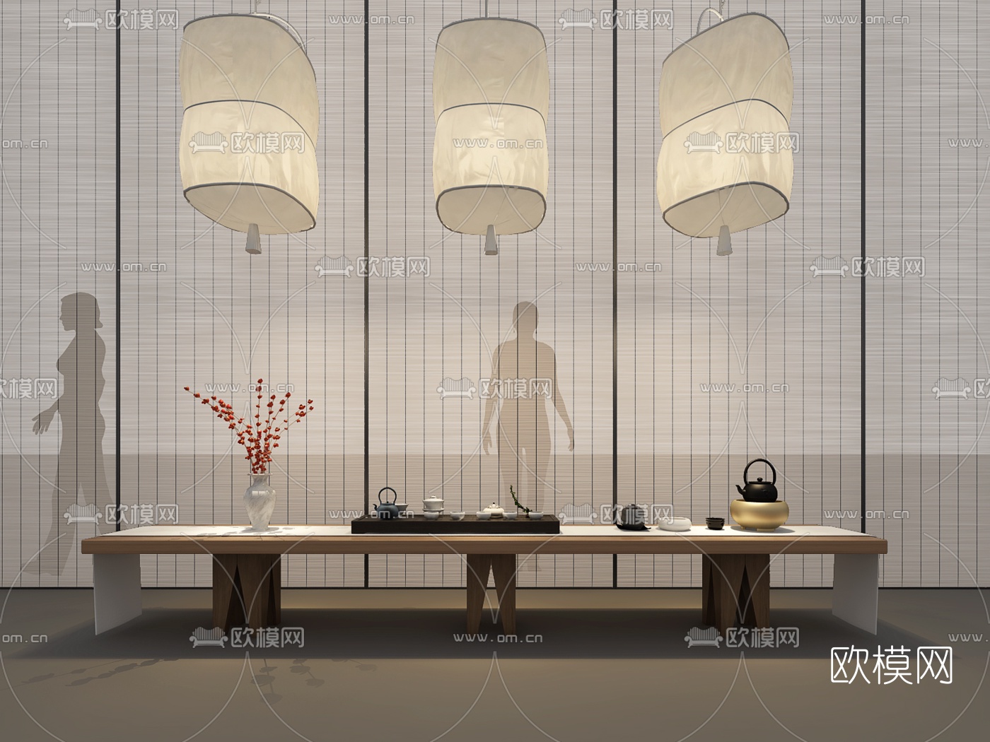 中式实木茶台屏风隔断吊灯组合3D模型