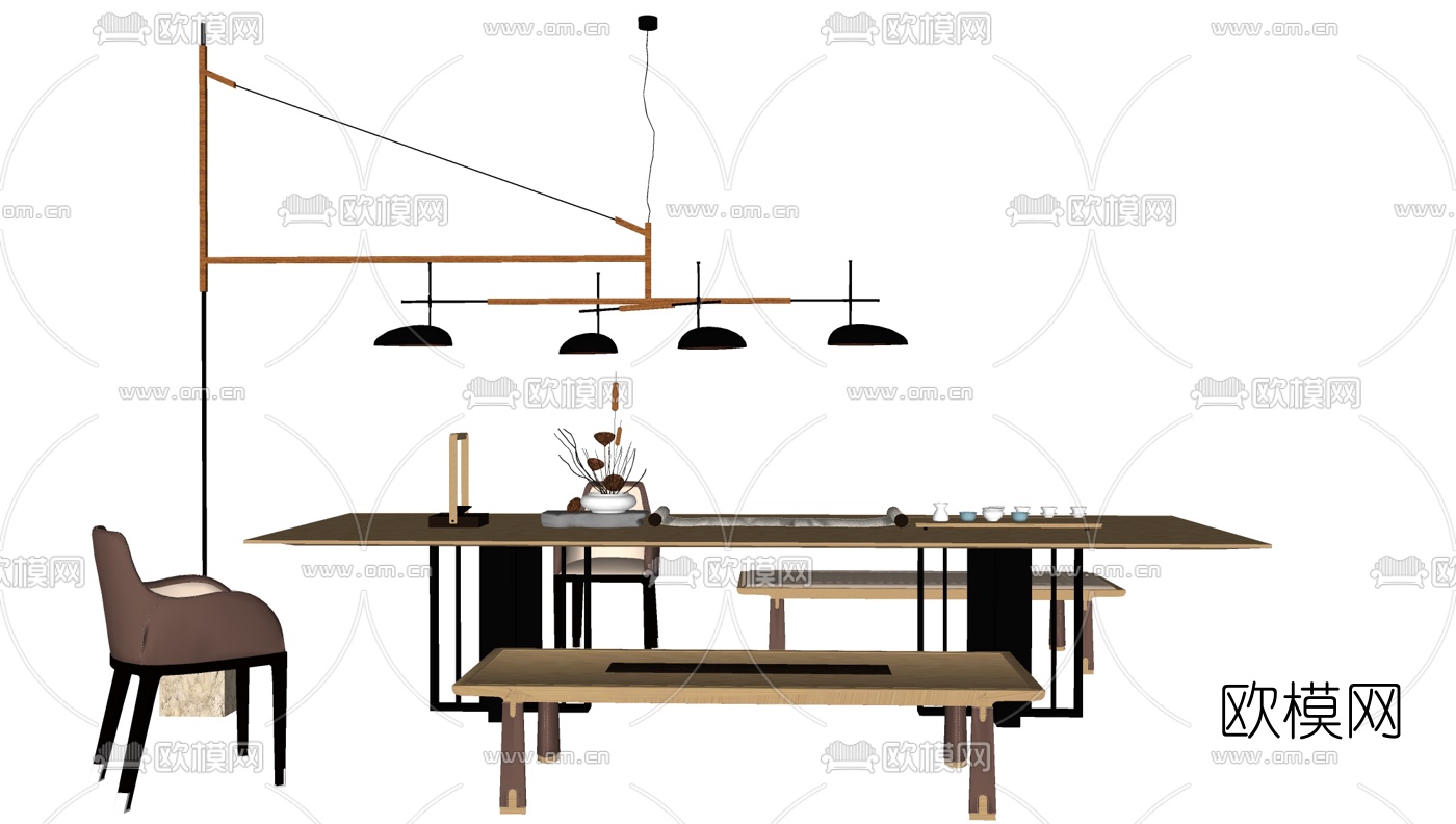 新中式茶桌椅组合su模型下载（渲染图1）