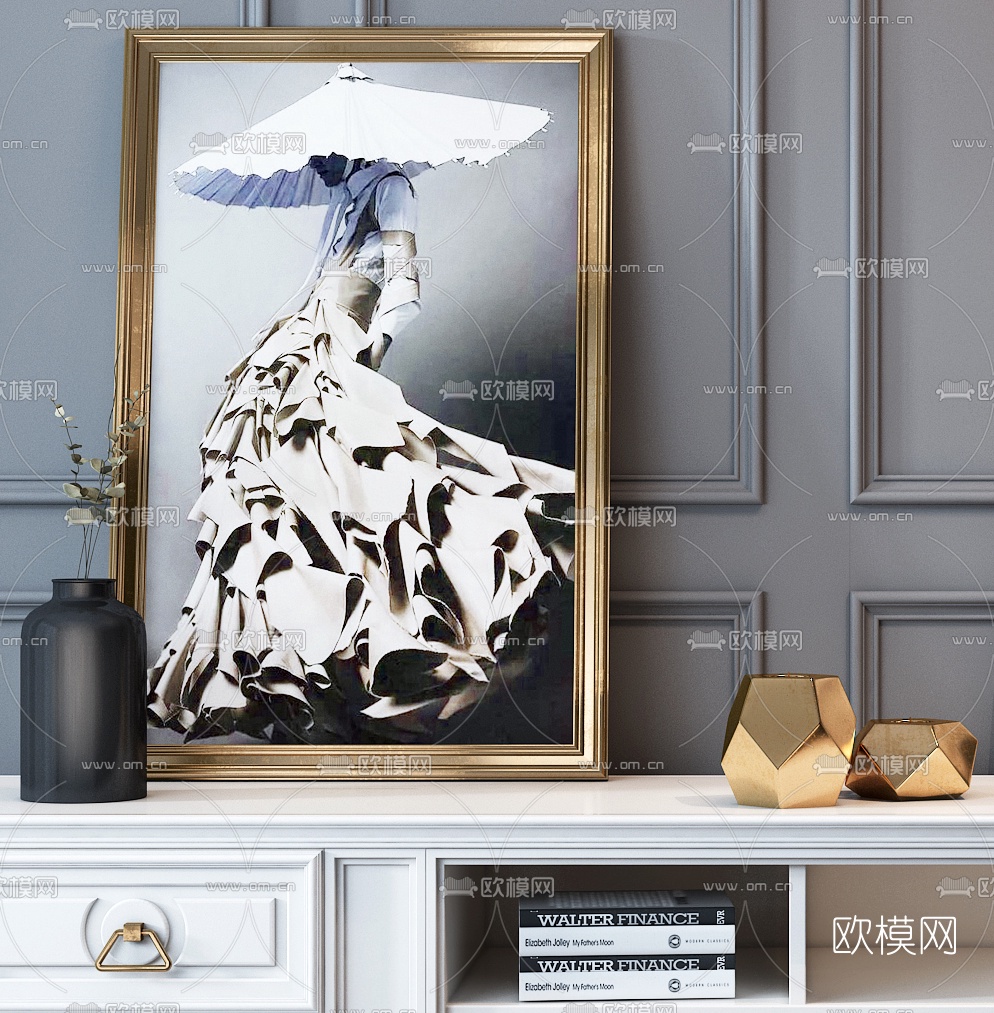 简欧实木电视柜3D模型下载（渲染图1）