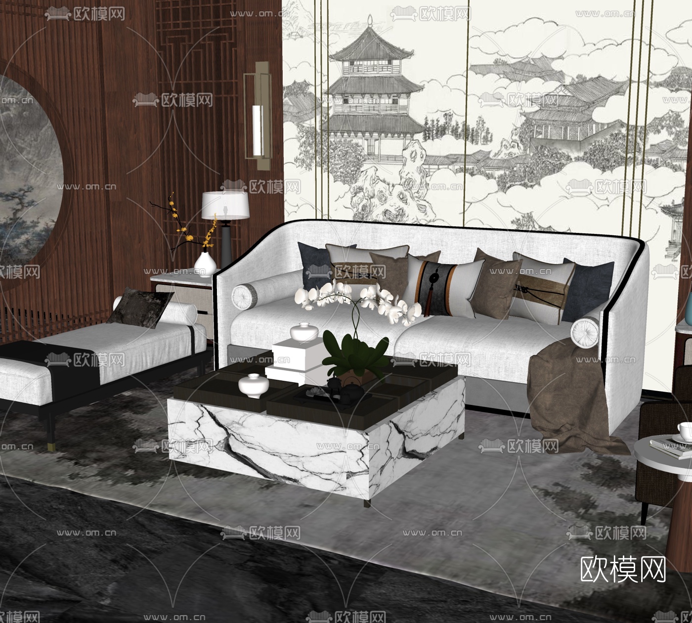 新中式布艺组合沙发免费su模型下载