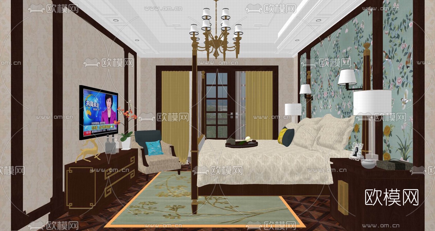 欧式卧室主人房su模型下载（渲染图2）
