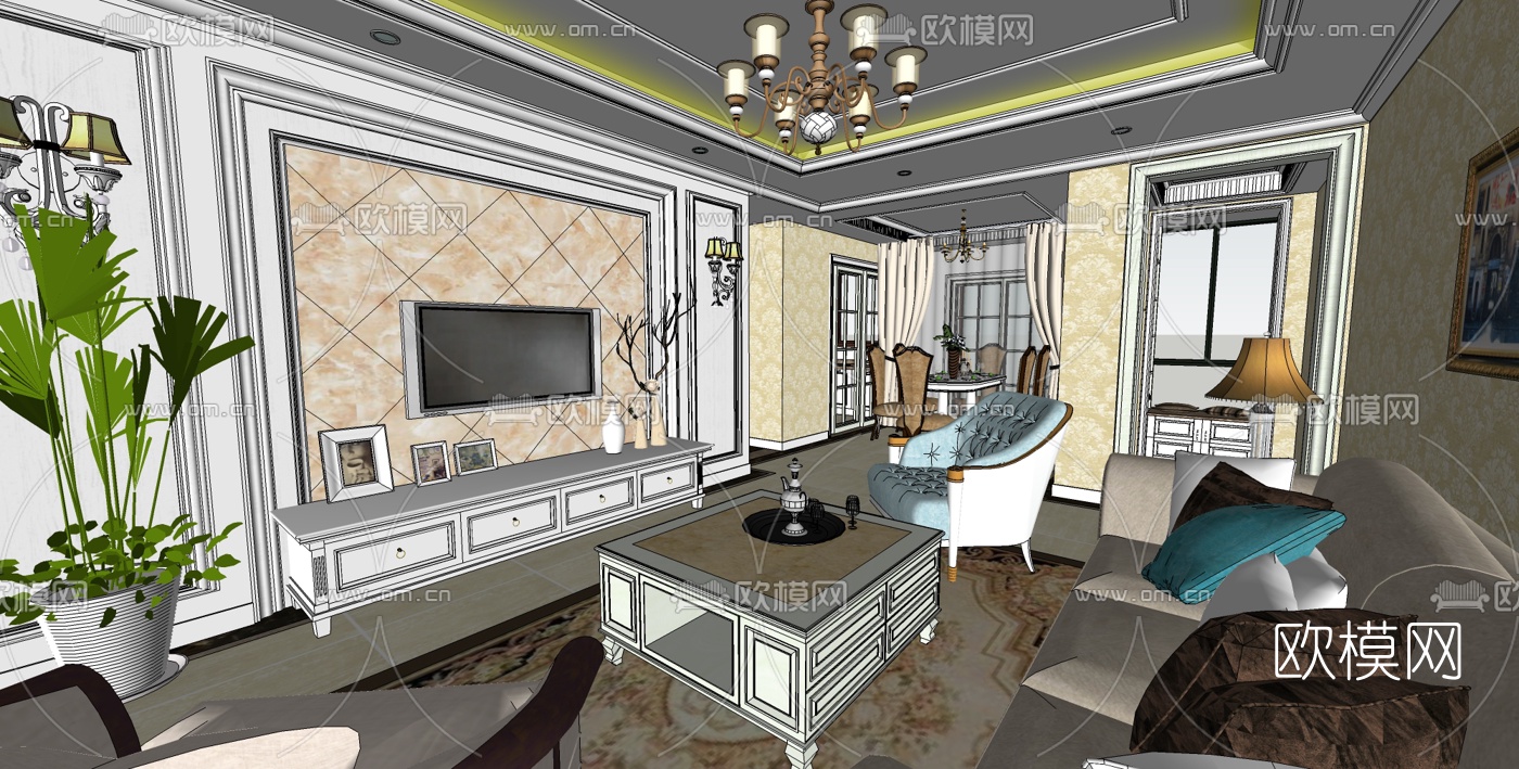 欧式客餐厅su模型下载（渲染图4）