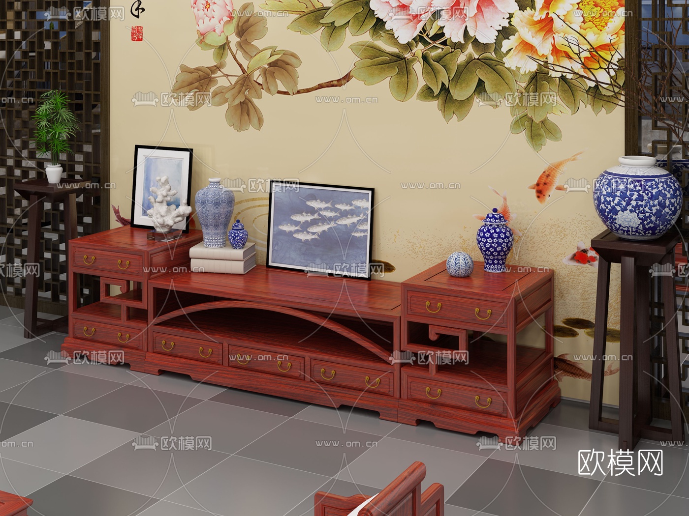 中式实木电视柜3d模型下载（渲染图2）