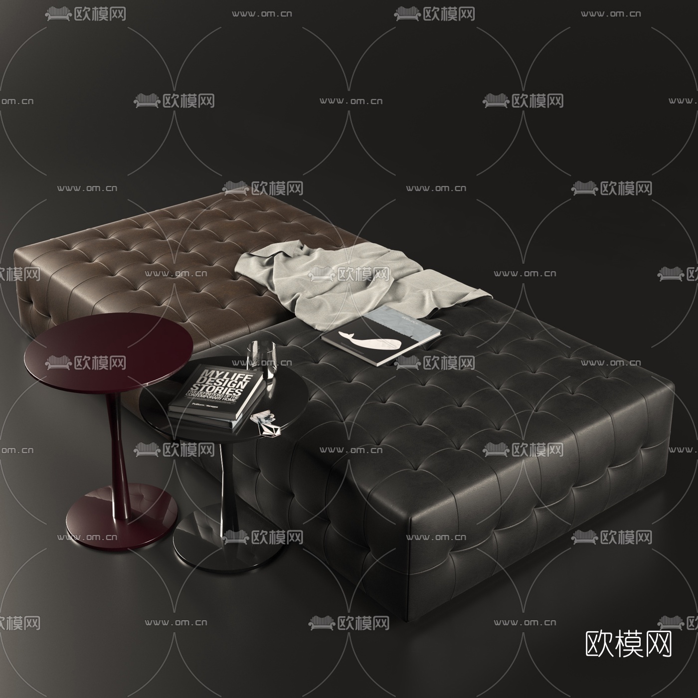 现代方形皮革凳子圆几组合3D模型下载（渲染图1）