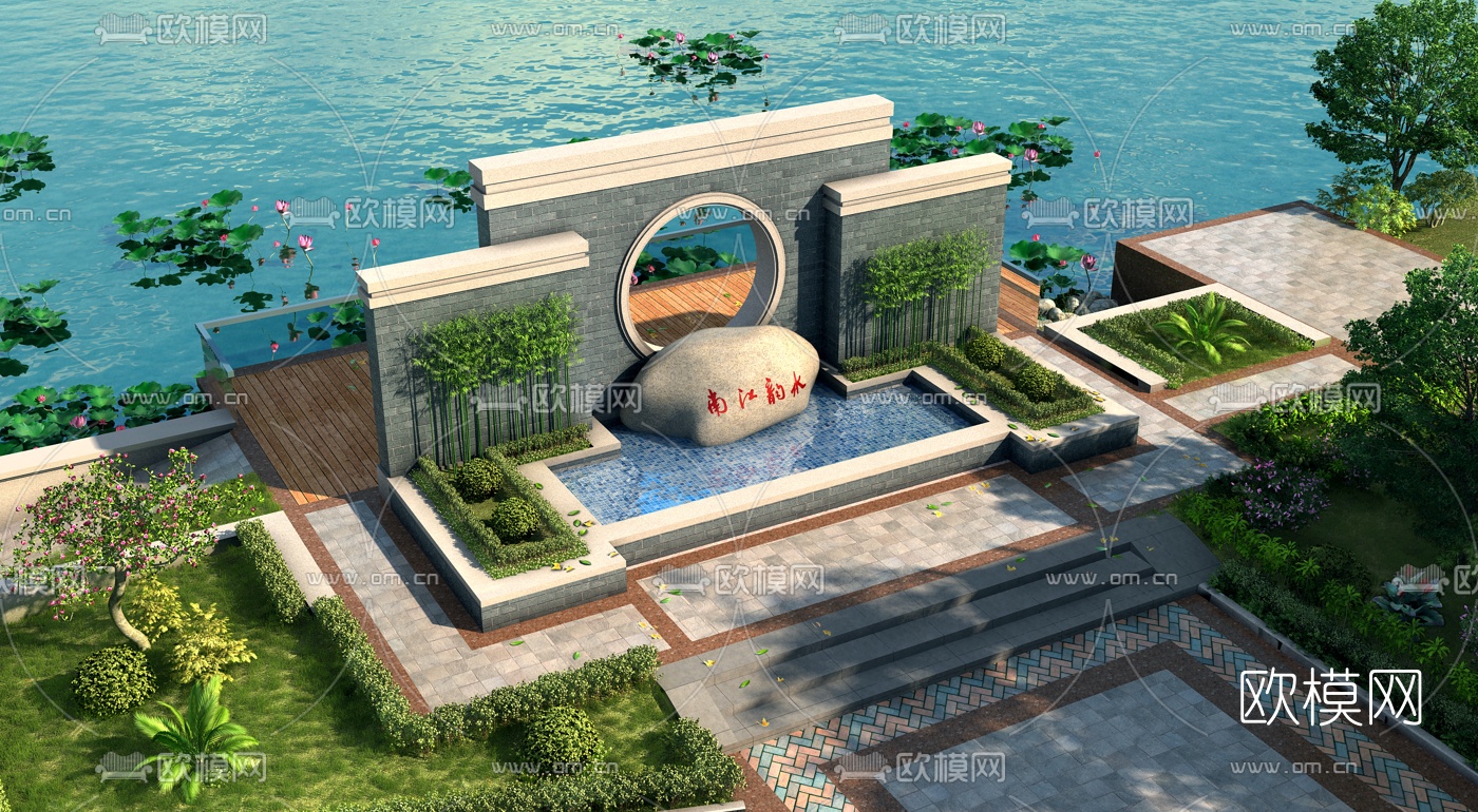 中式湖滨园林景观3d模型
