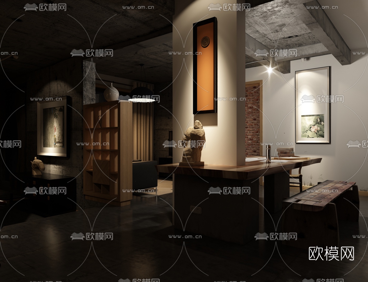新中式客厅餐厅3d模型
