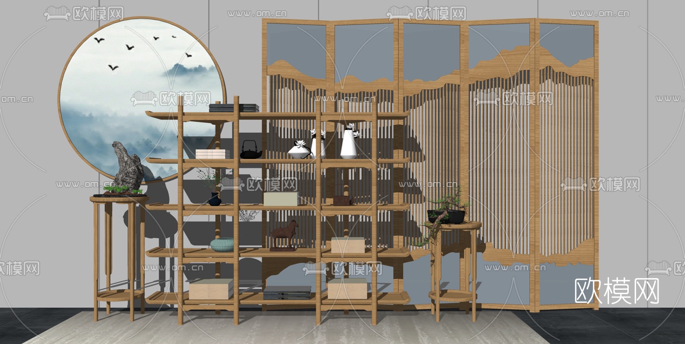 新中式实木书架装饰架su模型下载