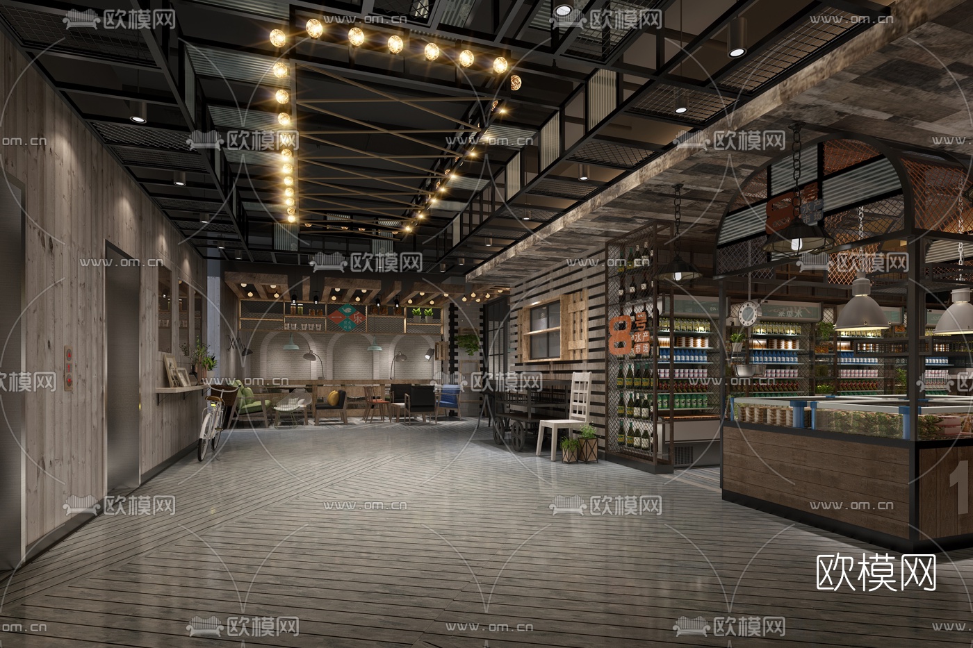 工业风主题餐厅3d模型下载（渲染图2）