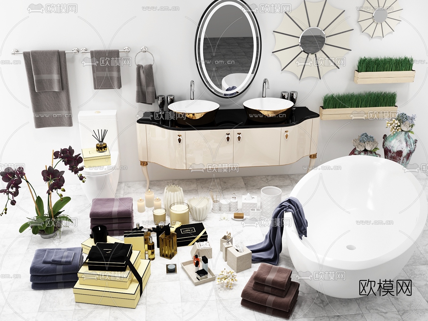 简欧浴缸台盆柜架卫浴用品组合3D模型下载