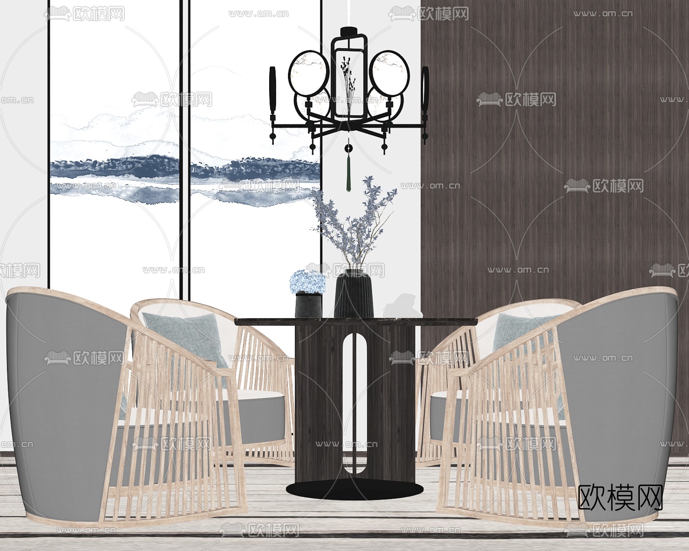 新中式轻奢休闲桌椅su模型下载（渲染图2）