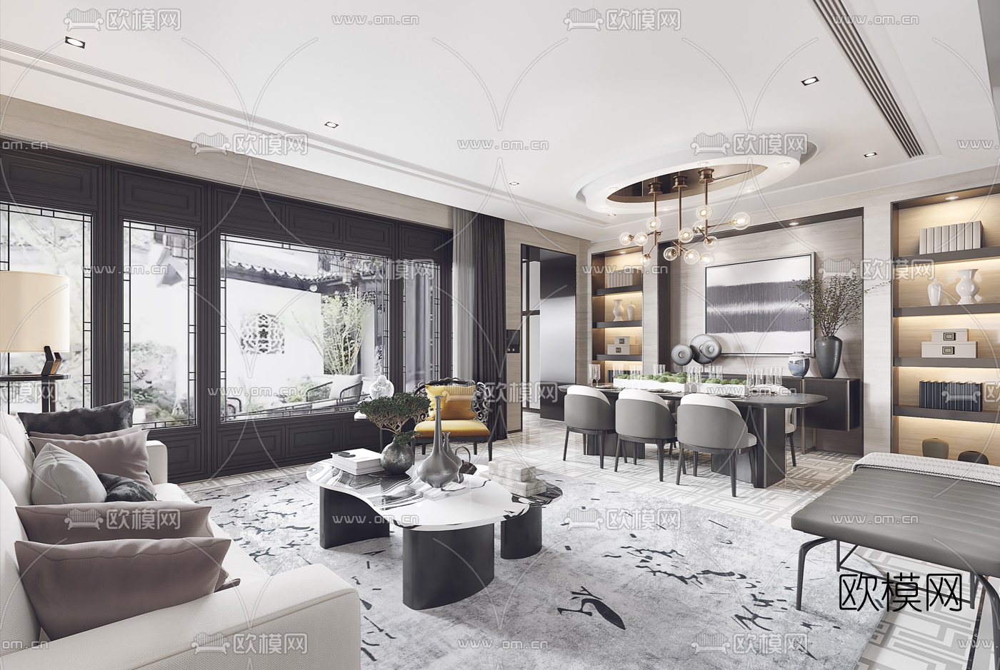 邱德光新中式客厅3d模型下载（渲染图1）