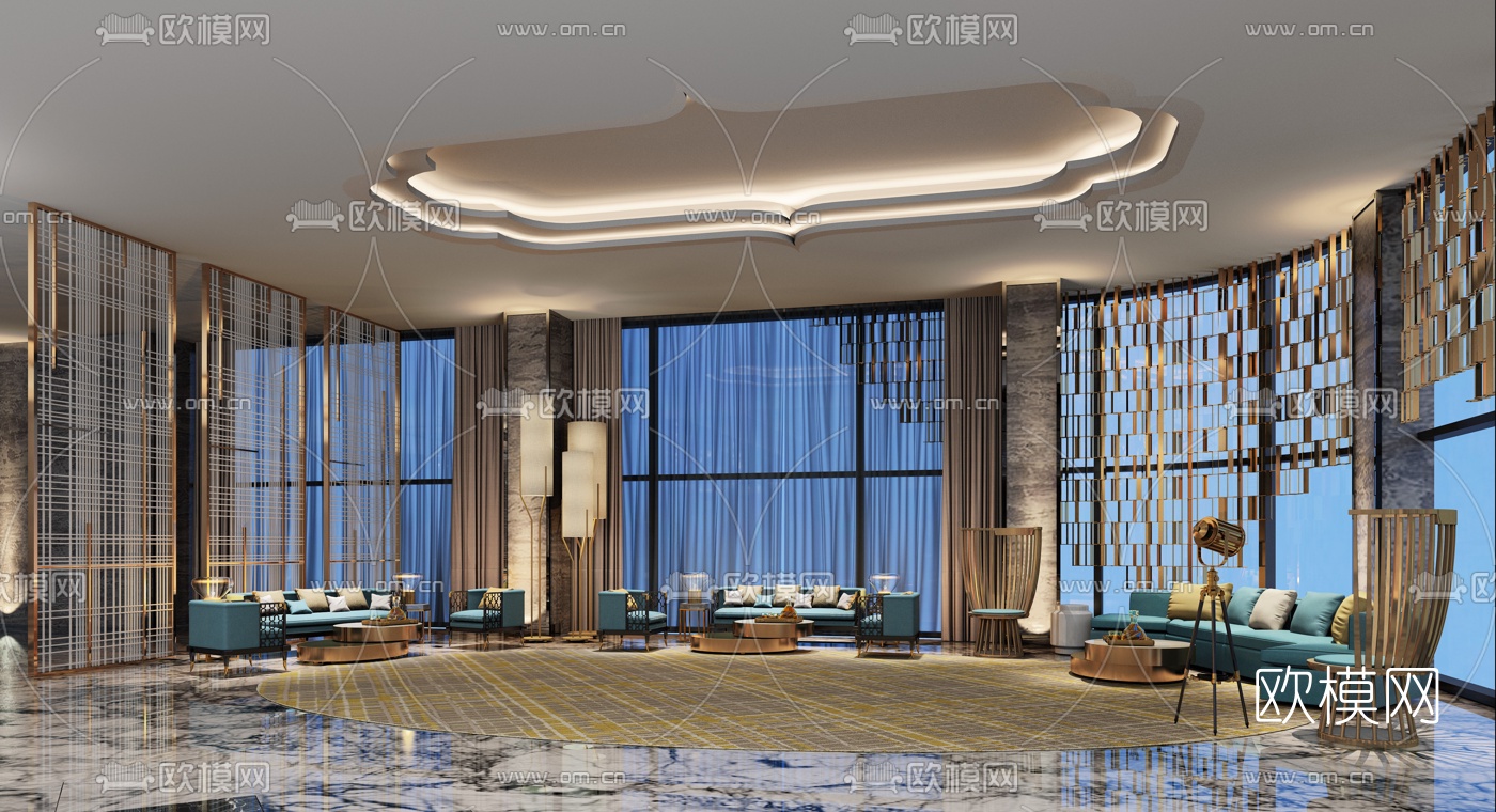 新中式酒店前台大堂3d模型
