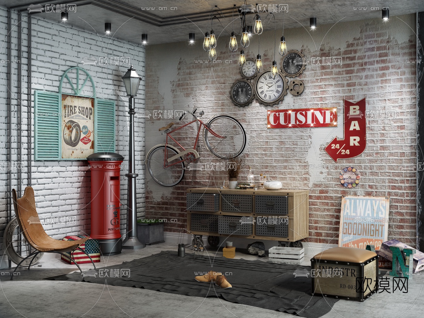 工业风实木边柜3d模型下载