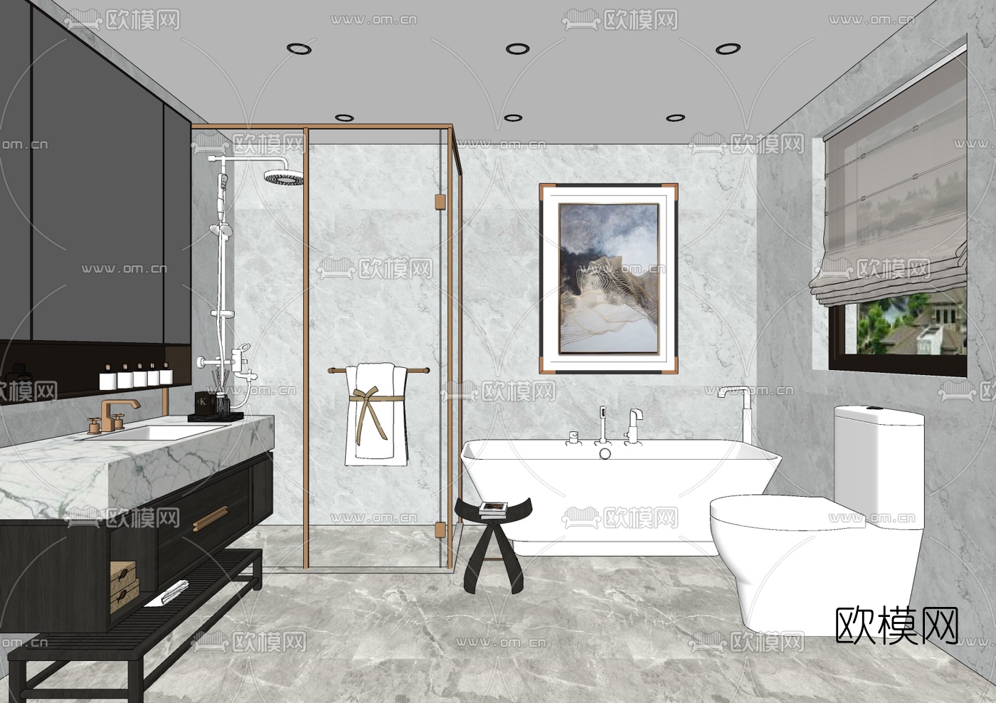 新中式浴室卫生间su模型下载