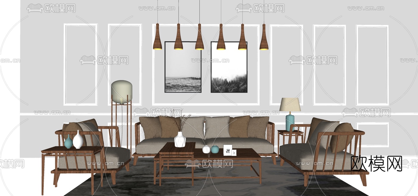 中式沙发组合su模型下载