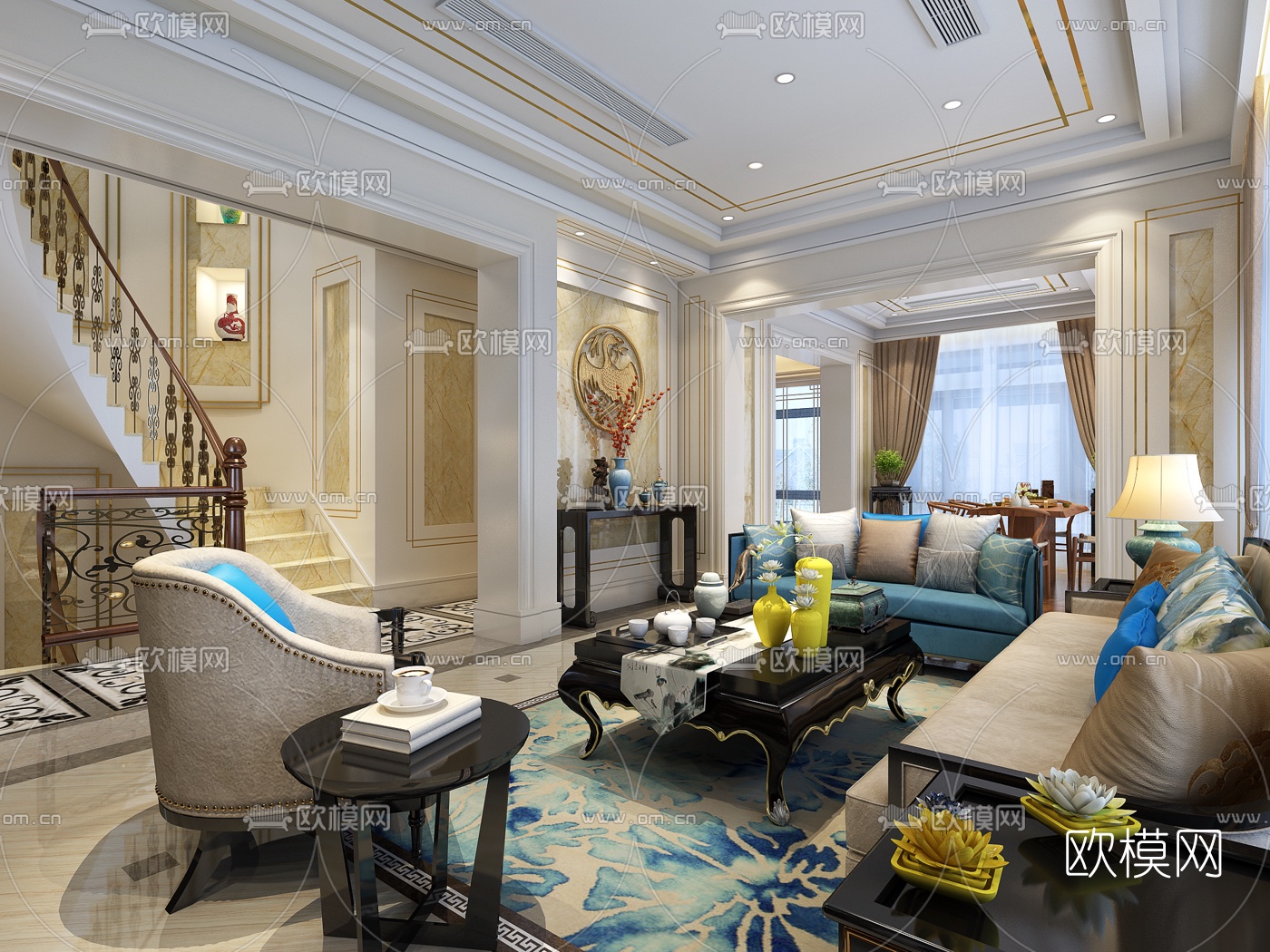 新古典复式客厅餐厅走道3D模型下载（渲染图1）