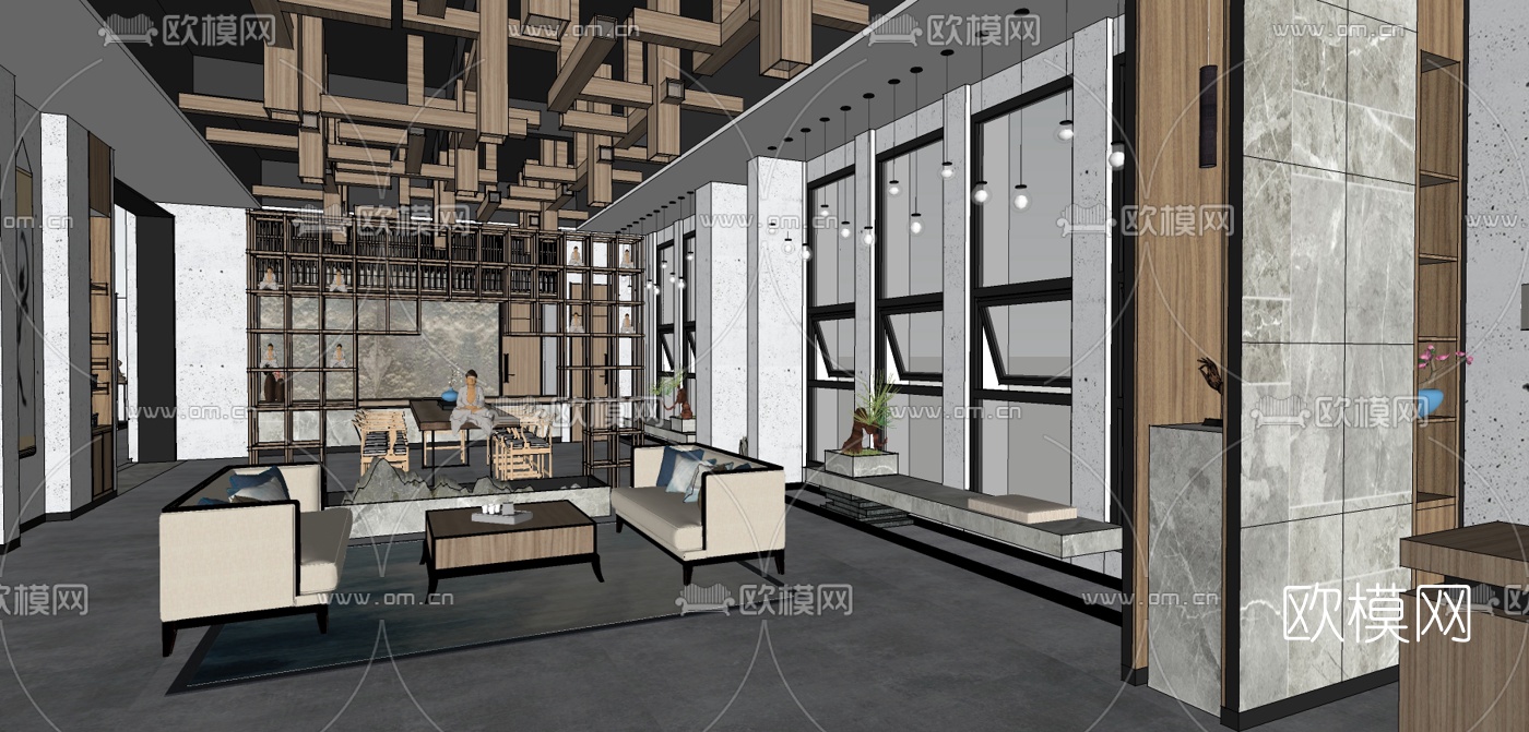 新中式SPA养生会所前台su模型下载（渲染图2）