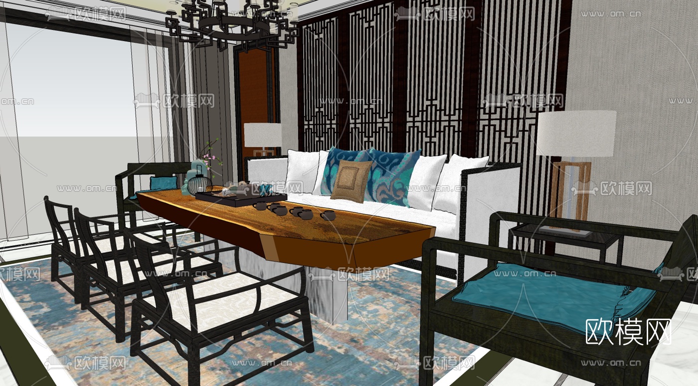 新中式客餐厅免费su模型下载（渲染图1）