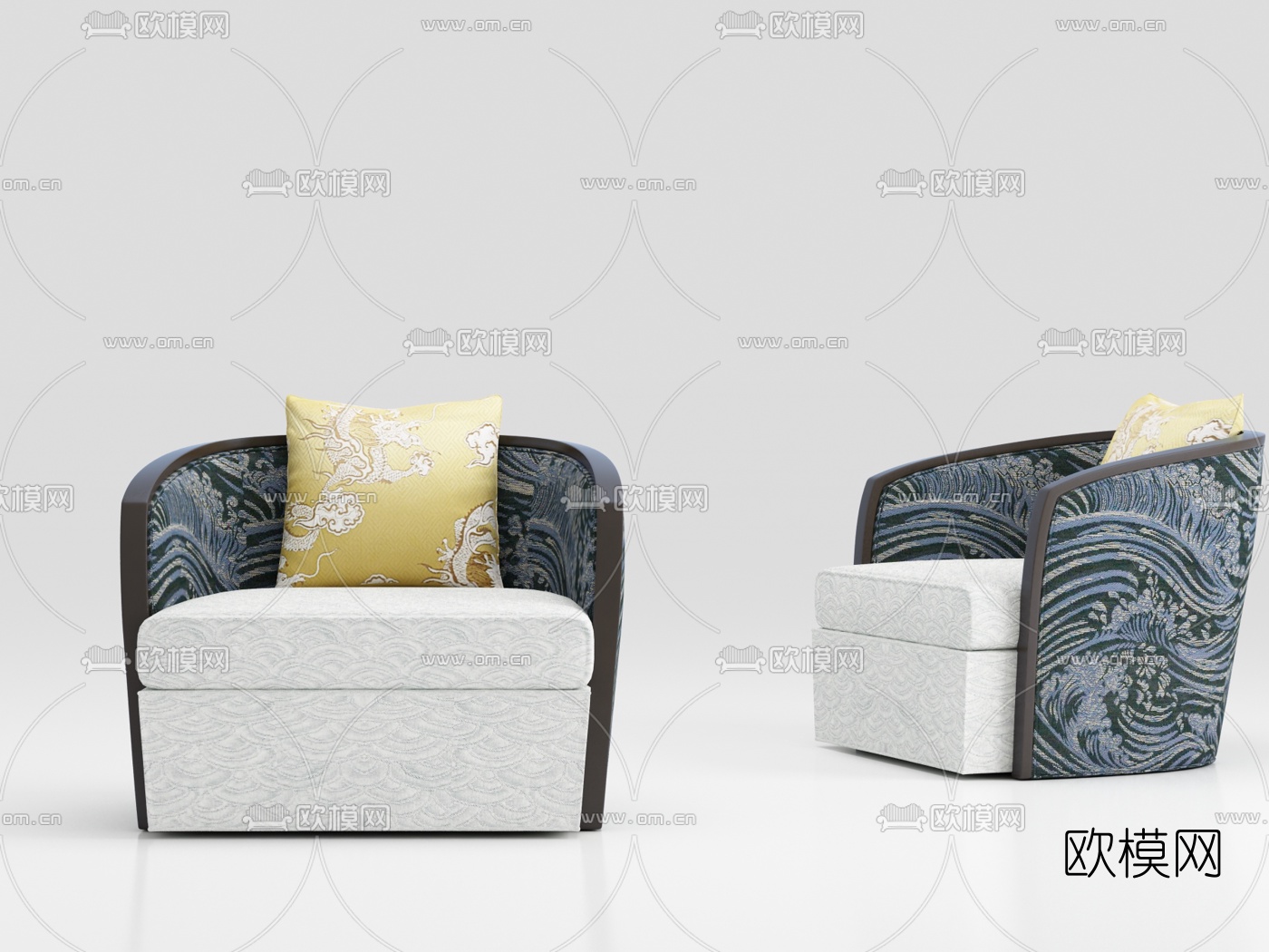 新中式布艺单人沙发3d模型下载