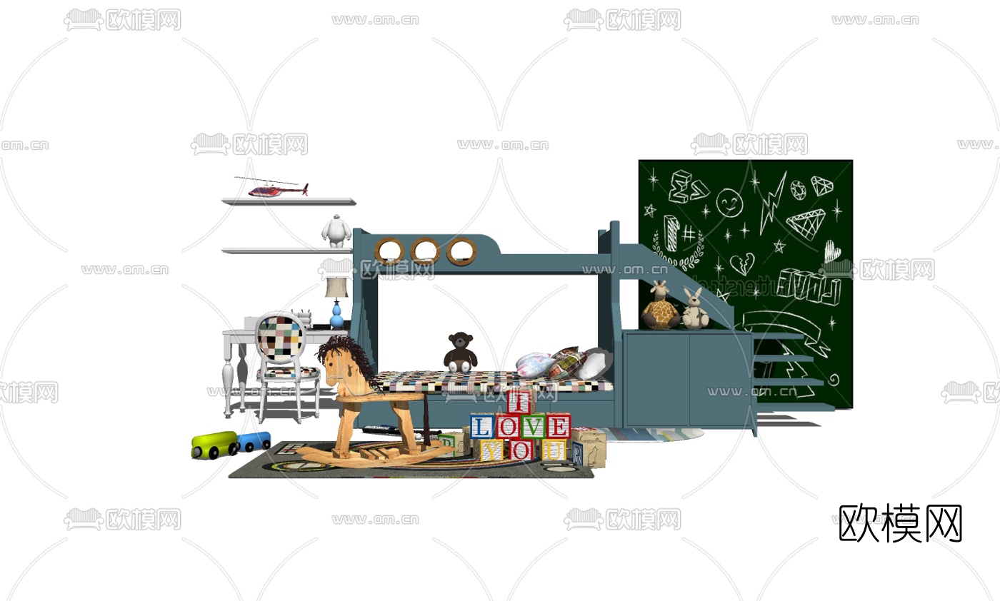 现代儿童高低床书桌组合su模型下载（渲染图2）