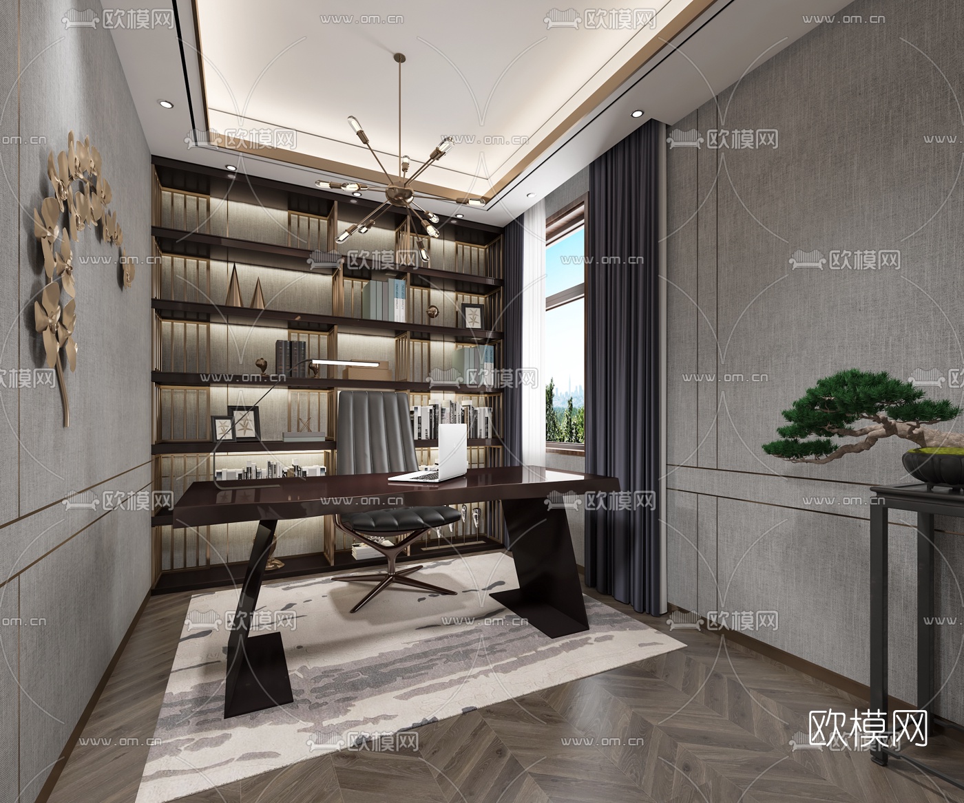现代轻奢书房3d模型-免费3dmax模型库-欧模网