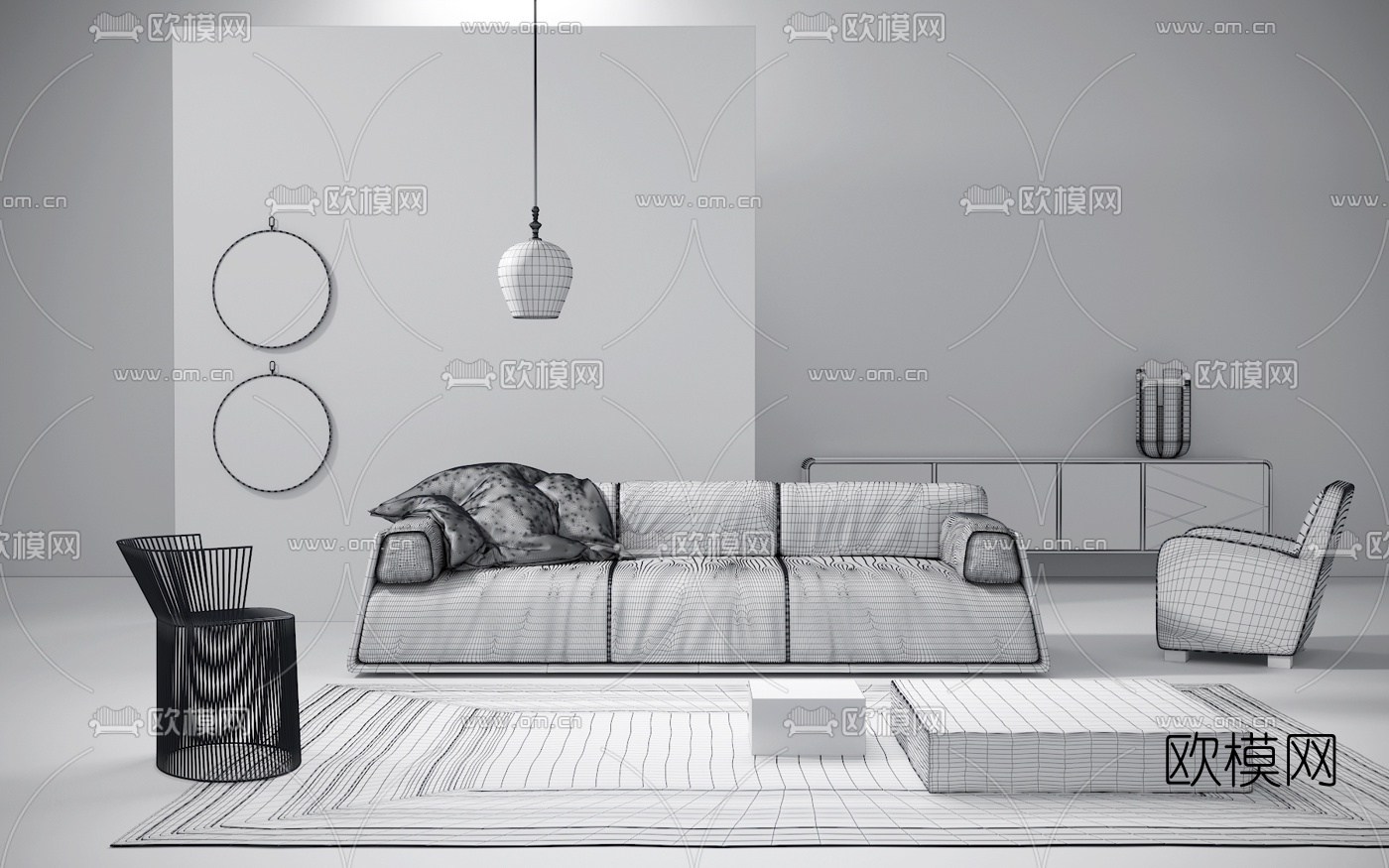 意大利BAXTER品牌现代布艺沙发茶几吊灯3D模型下载（渲染图2）
