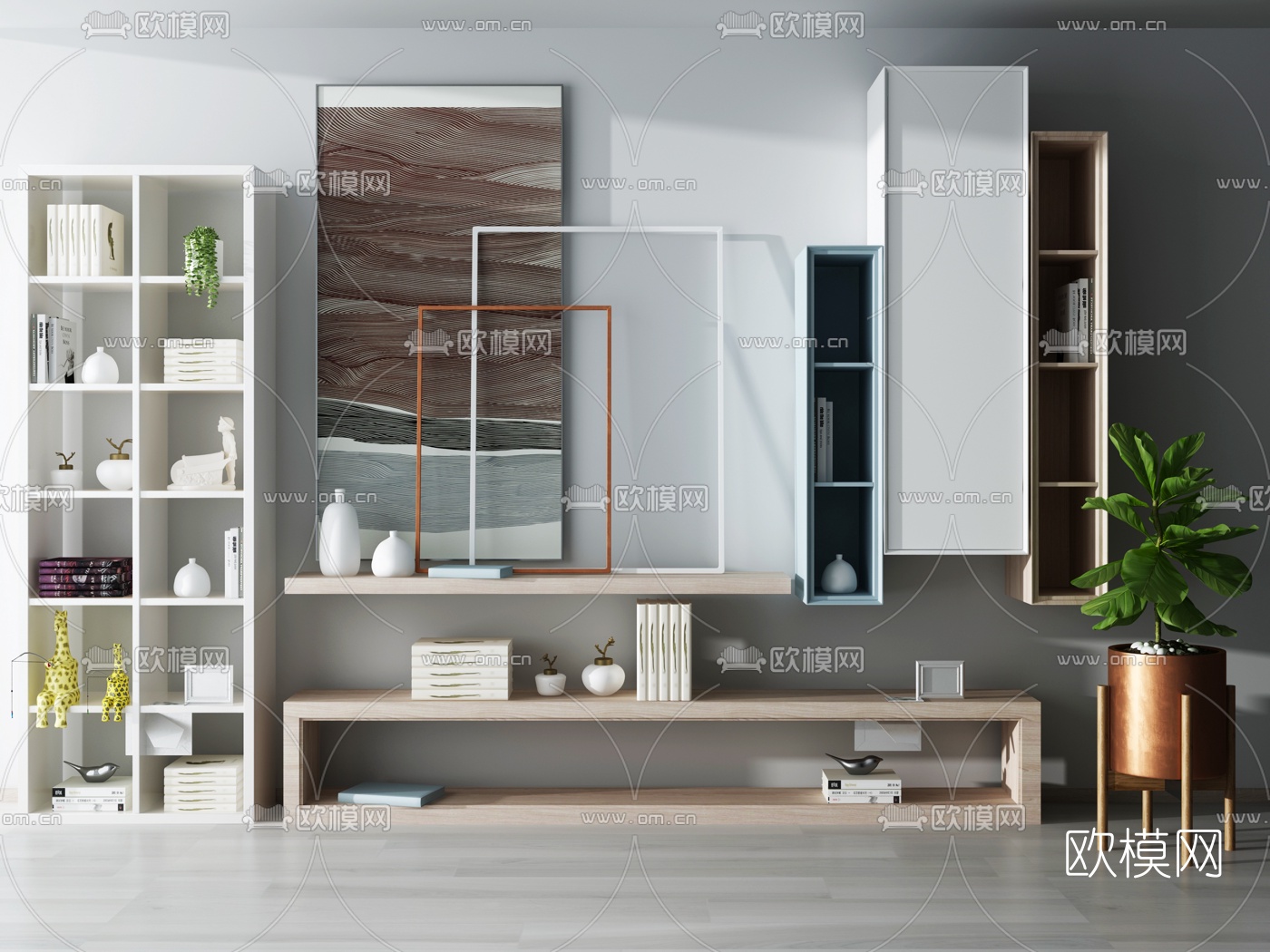 北欧电视柜书柜装饰架摆件组合3D模型下载